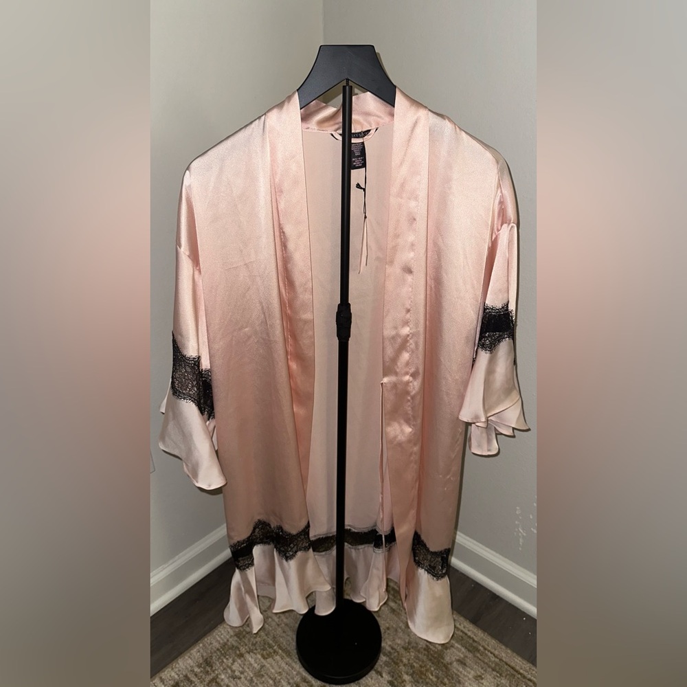 Victoria's Secret Blush Satin Robe with Black Lace